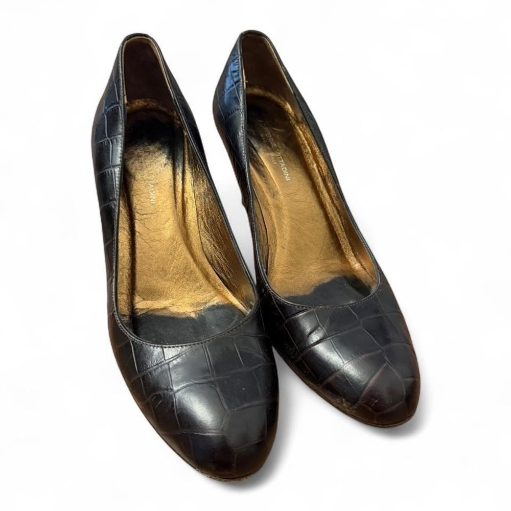 Adrienne Vittadini Black Croc Embossed Leather Round Toe Pumps Heels Italy 8.5M